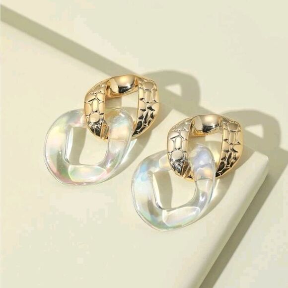 Gold Statement Hoop Earrings Chunky Clear Resin Chain Link Oversized 💖 - Picture 3 of 12